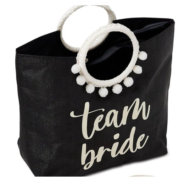 NWT Womens Team Bride Black & White Tote Bag Detachable Woven Ring Handles Pom - Picture 2 of 7